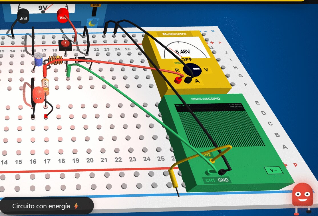 El osciloscopio sobre la protoboard en el simulador