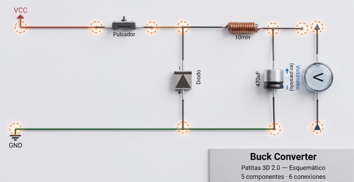 Esquemático del buck converter con pulsador, bobina, diodo y capacitor