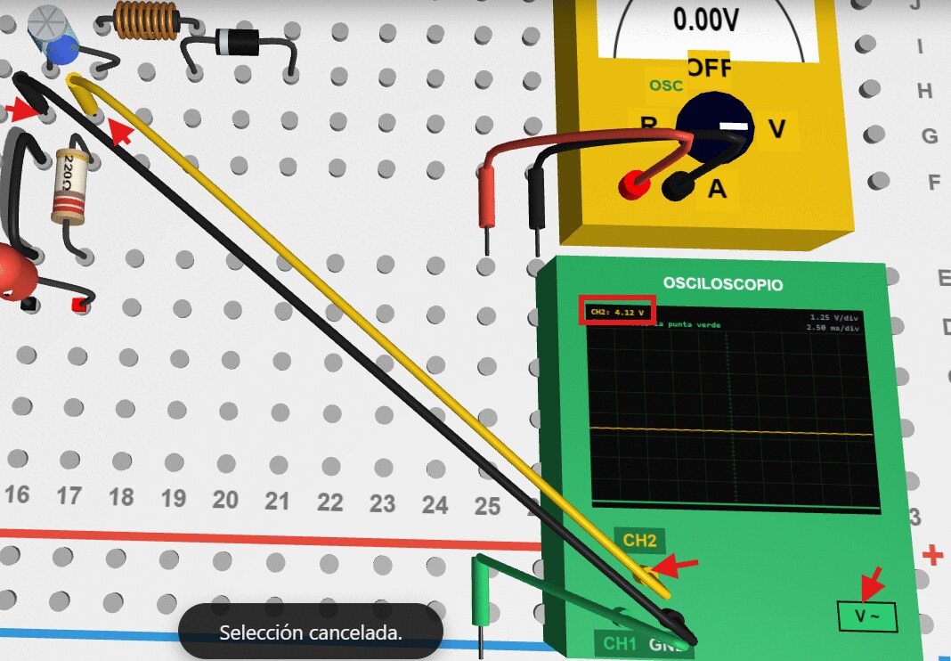 El osciloscopio mostrando la reducción de voltaje