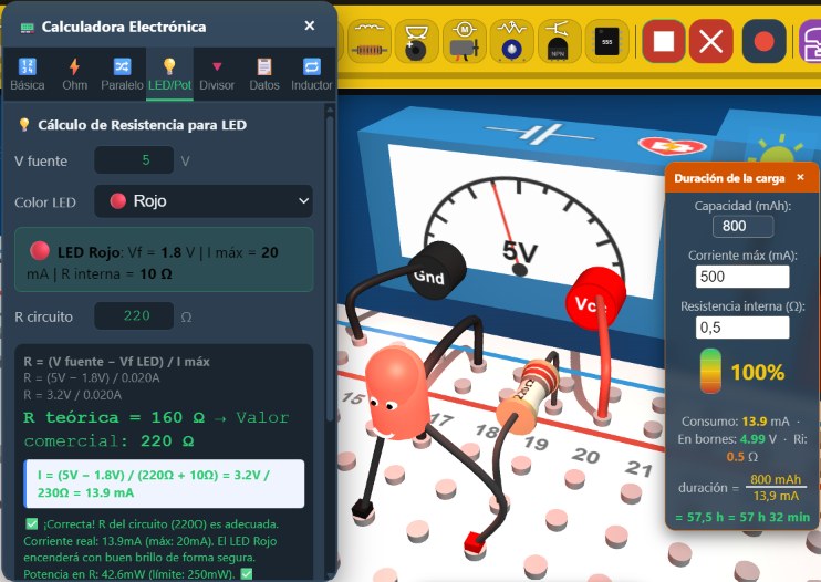 Calculadora con el LED rojo junto al circuito encendido y el monitor de la fuente